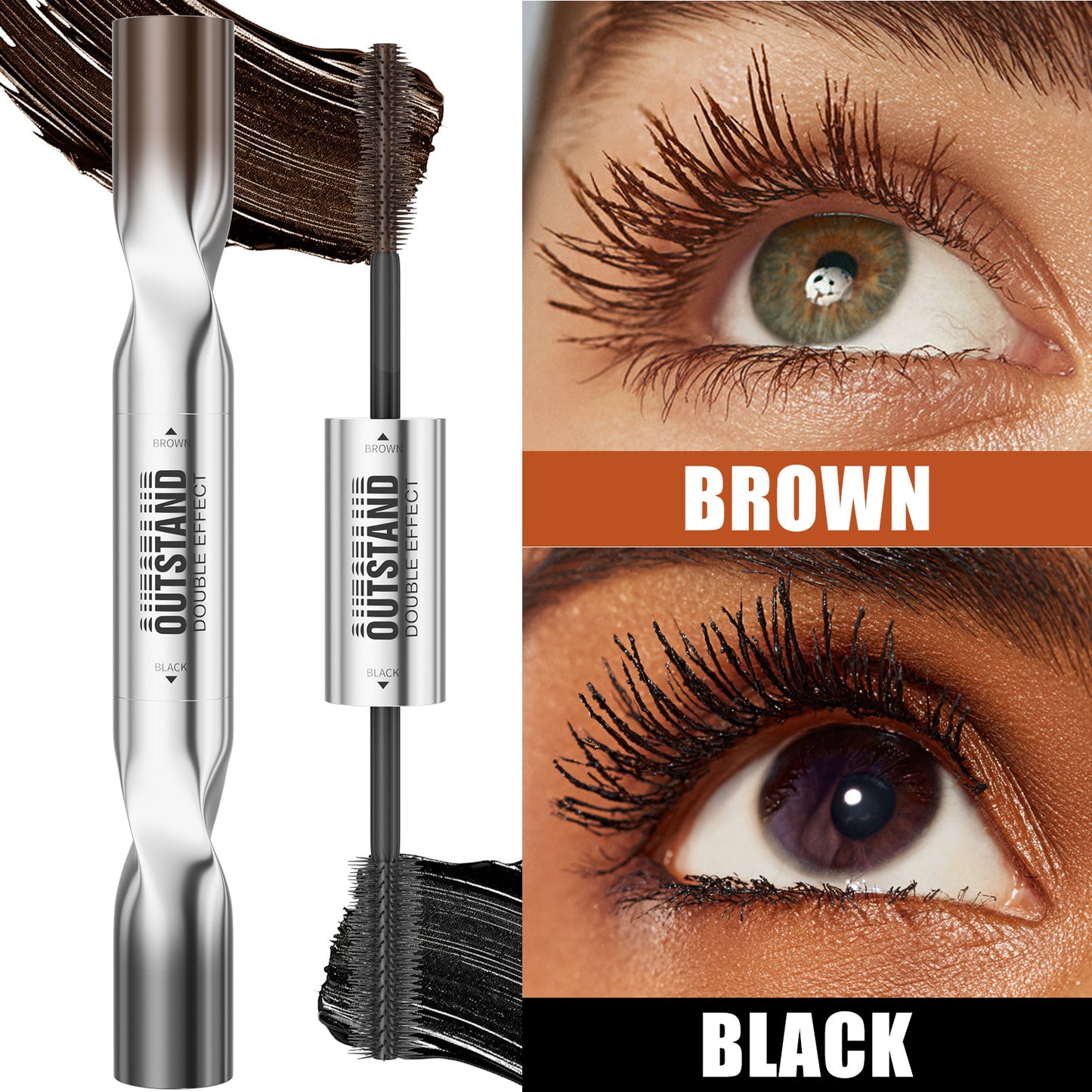 Dulorantocosh Dual-Color Double Effect Mascara - Instant Length & HD Volume - Waterproof Black & Coffee Brown Duo for Natural 3D Lashes - All-Day Wear & No Clumping